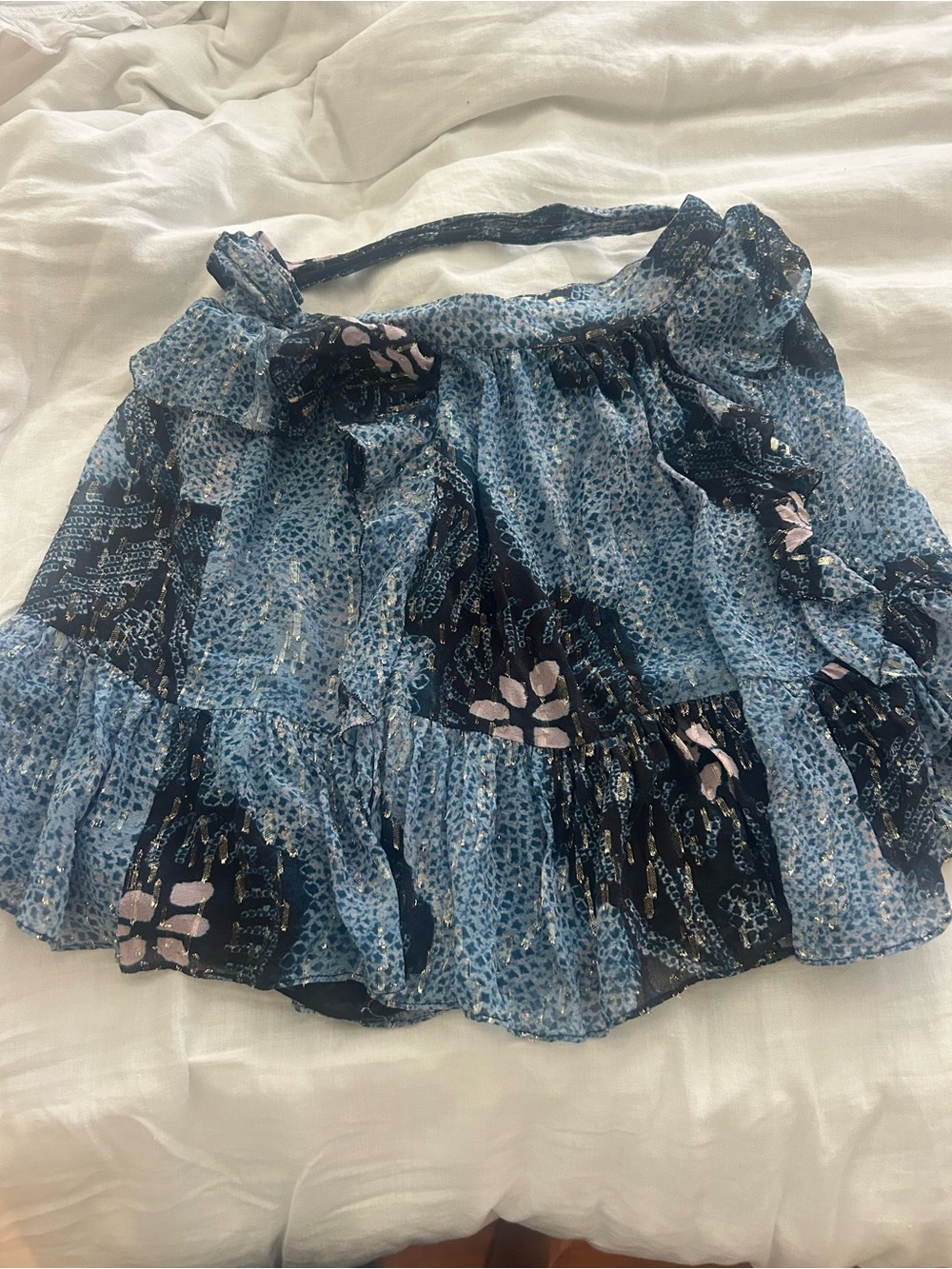 Ulla Johnson Blue Floral Tiered Mini Skirt with Pink Accents